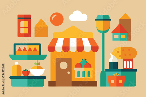 Crafts marketplace icons set cartoon vector. Street market. Food shop vector