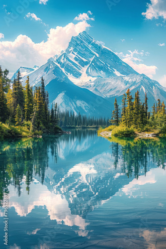 A breathtaking scene of a snow-capped mountain peak reflecting in a crystal-clear lake within a pristine wilderness setting.