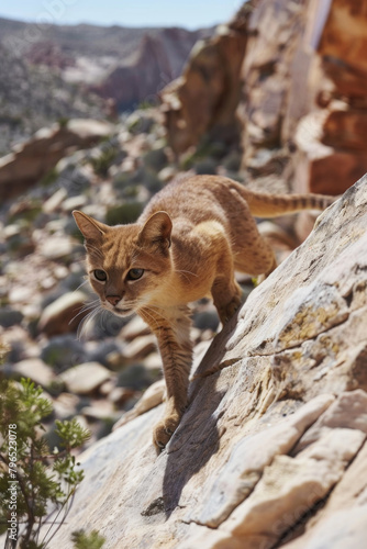 A small cat navigates rocky terrain on a hillside  carefully stepping along the uneven surface with agility and determination