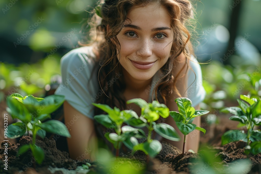 A vibrant young lady is hands-on with gardening, surrounded by fresh green plants A vibrant young lady is hands-on with gardening, surrounded by fresh green plants