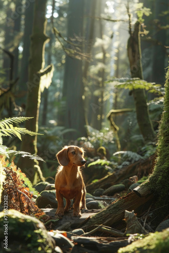 A dog calmly sits in the midst of a dense forest, surrounded by tall trees and green foliage