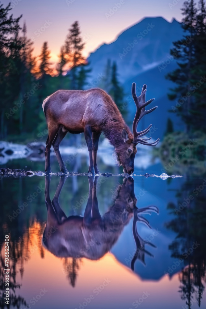 A deer is bending down to drink water from a peaceful lake surrounded by nature
