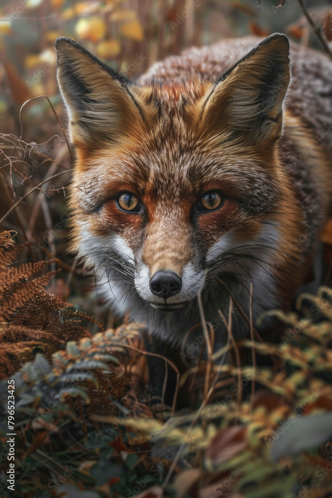 Naklejka premium A realistic painting of a fox standing amidst a dense forest, featuring vibrant autumn colors and intricate details of leaves and branches