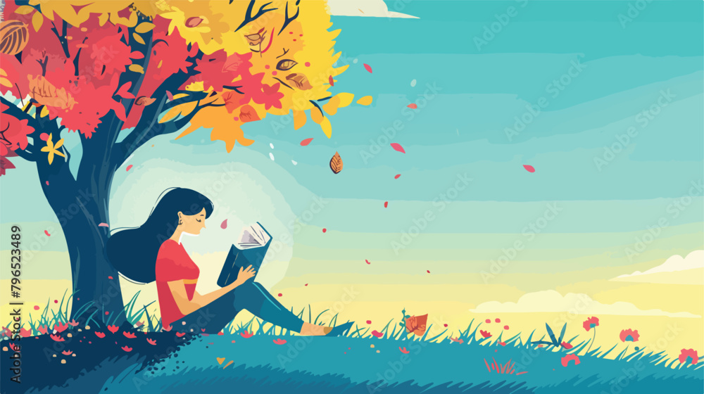 Woman reading book under the tree in spring. Cute illustration