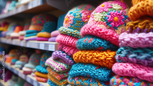 Assorted Colorful Knitted Winter Hats on Display. © Anna