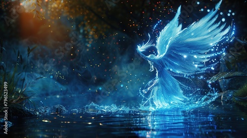 blue fantasy magical dancing water elemental fairy with glowing lights