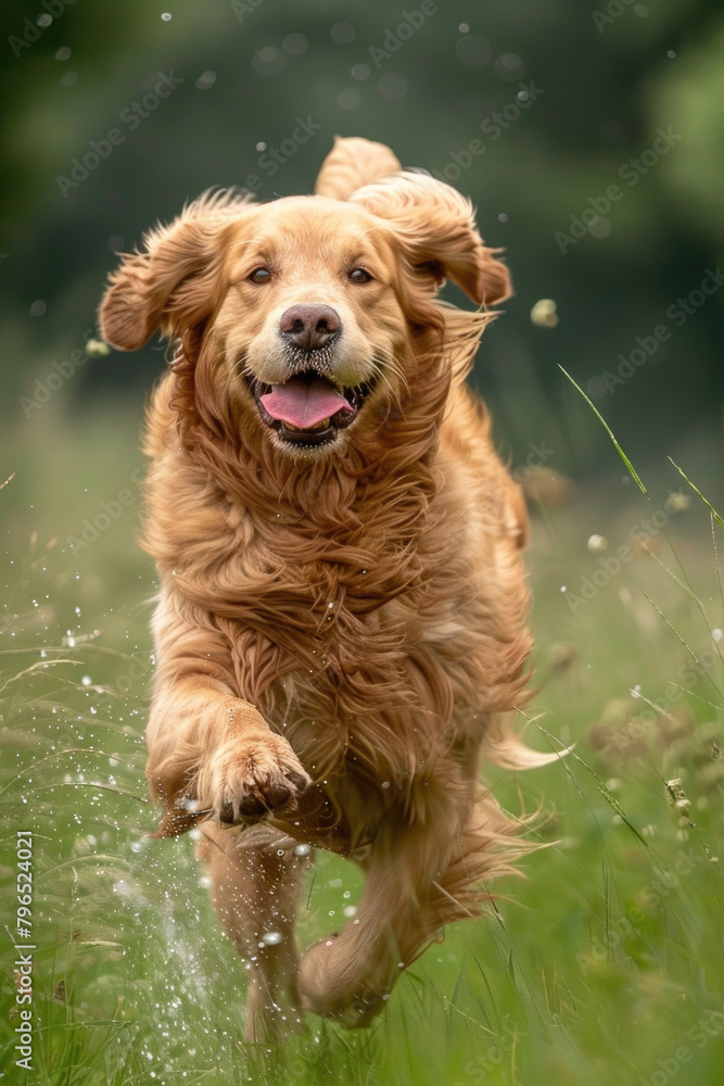 A brown dog is energetically running through a large field of green grass under the clear sky