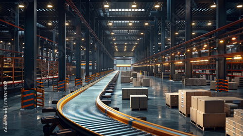Efficient and automated package handling in a large warehouse setting with a conveyor belt system.