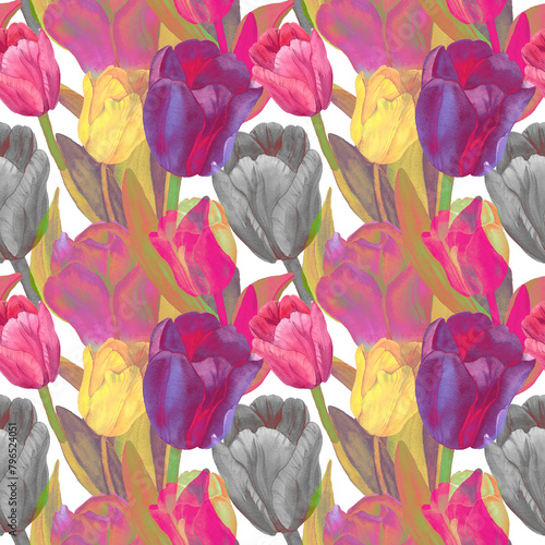 Watercolor hand drawn purple flowers in seamless pattern. Pink and yellow tulips background. Design for fabric, surfaces, covers, packaging, bed sheets. Pattern in modern pink shades, floral theme.  (ID: 796524051)