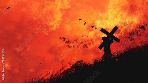 A man carrying a cross up a hill. The sky is red and there are birds flying in the sky.