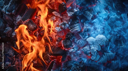 A fire with blue smoke and red flames. The fire is surrounded by a pile of wood and ash