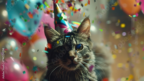 A cat with a colorful party hat sits among balloons and confetti in a festive setting © sommersby