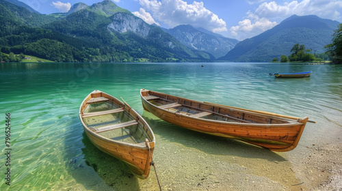 Two canoes are beached on the shore of a calm lake, their paddles lying beside them. The serene scene invites thoughts of future adventures on the water