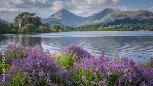 A lake nestled among vibrant purple flowers with majestic mountains towering in the background photo