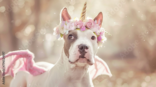 A dog with a flower crown on its head, looking adorable and cute photo