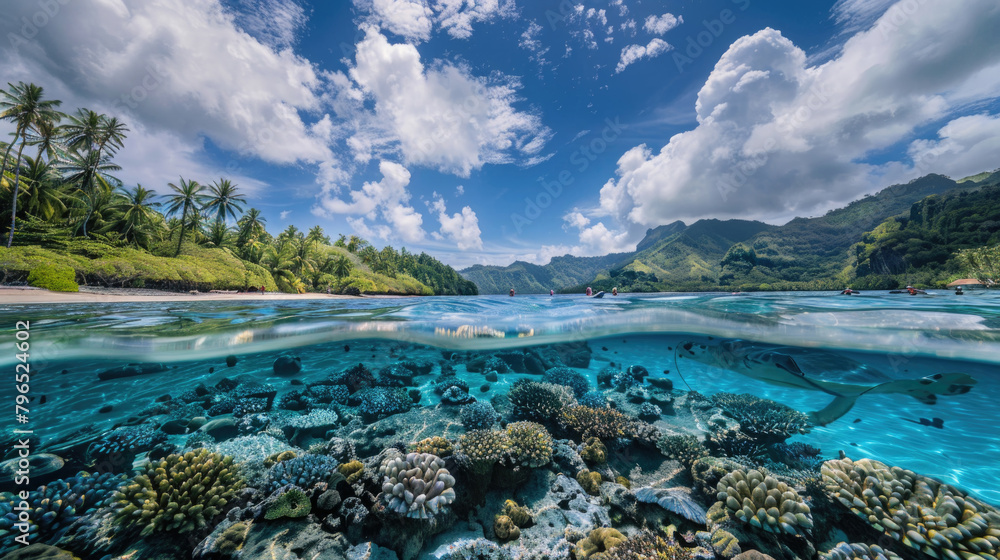 Fototapeta premium A view from below the waters surface capturing the vibrant colors of a coral reef teeming with various marine life