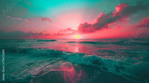 Surreal Sunset Skies Over Turquoise Sea Waves