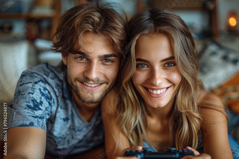 An intimate portrait of a happy couple enjoying video games together, illustrating shared hobbies and joy An intimate portrait of a happy couple enjoying video games together, illustrating shared hobbies and joy