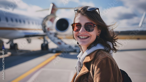 Young woman takes a selfie at the airport in front of a plane before the departure. Concept about travel and technology photo