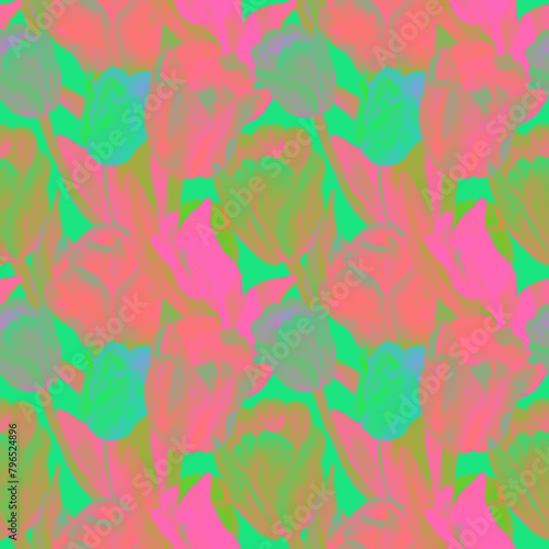 Watercolor hand drawn neon flowers in seamless pattern. Pink and neon tulips background. Design for fabric, surfaces, covers, packaging, bed sheets. Pattern in modern neon colors, floral theme. 
