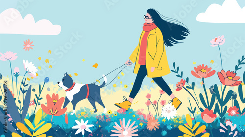 Woman walking dog in spring with flowers. Landing pag