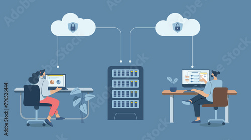 Cloud protection of important corporate databases or personal data, Secure cloud downloads and uploads, Business team working with computers via secure online system. Vector design illustration.