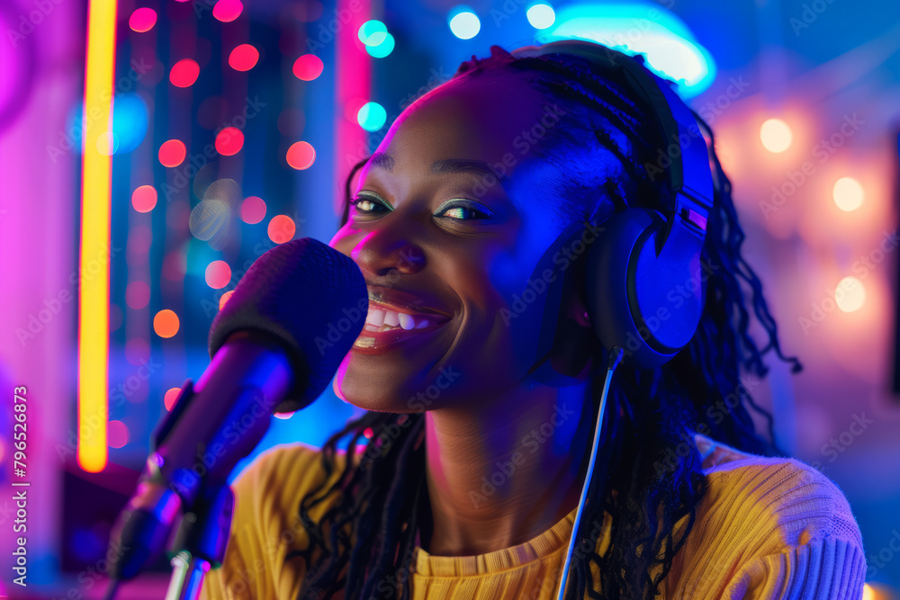 A cheerful Black podcaster delivering content into a microphone within a studio illuminated by neon lights. A cheerful Black podcaster delivering content into a microphone within a studio illuminated by neon lights.