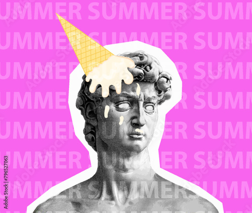 Greece modern statue with ice cream. Ancient Greek stone statue with ice cream doodle. Design template. Vector illustration. Halftone effect for collage
