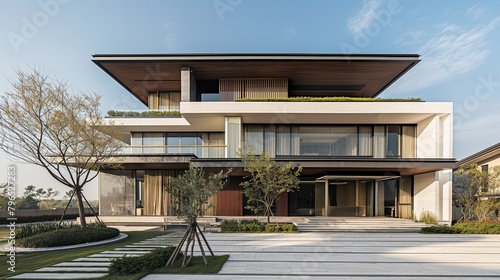 A Modern Home With Floor-To-Ceiling Windows And A Natural Landscape. © PhornpimonNutiprapun