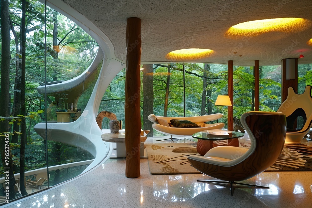 futuristic modern living room in a house in the woods
