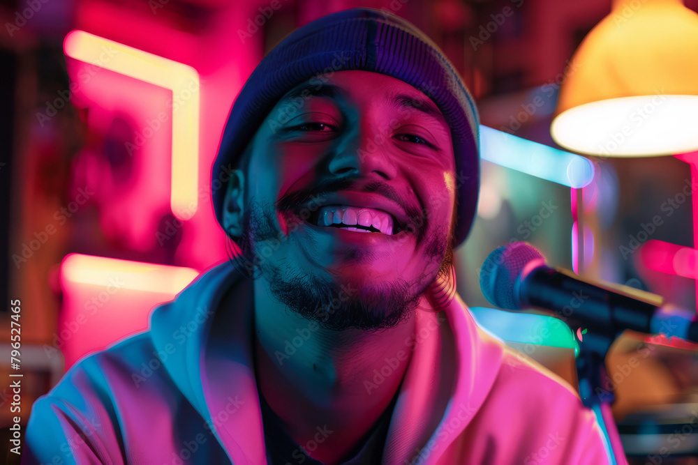 A Latino podcaster exuding joy as he speaks into a microphone within a neon-lit studio. A Latino podcaster exuding joy as he speaks into a microphone within a neon-lit studio.