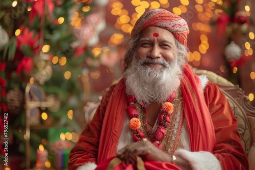 A joyful Indian Santa Claus looks at the camera and poses at a festively decorated home, holding a big red bag with gifts for children. Santa winks. Christmas, New Year, holiday celebration.