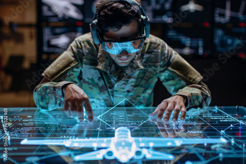 A Latino military intelligence expert uses a holographic augmented reality table with a blueprint of a drone for futuristic warfare strategy.  © AI_images