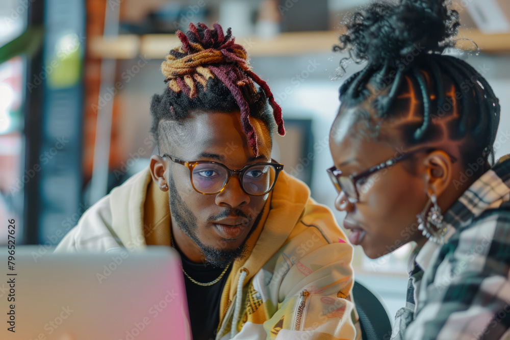 African American coworkers collaborating in a well-lit co-working area. African American coworkers collaborating in a well-lit co-working area.