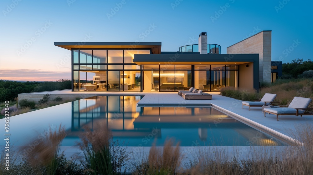 A Modern House With A Swimming Pool And Mountain View In The Background. 