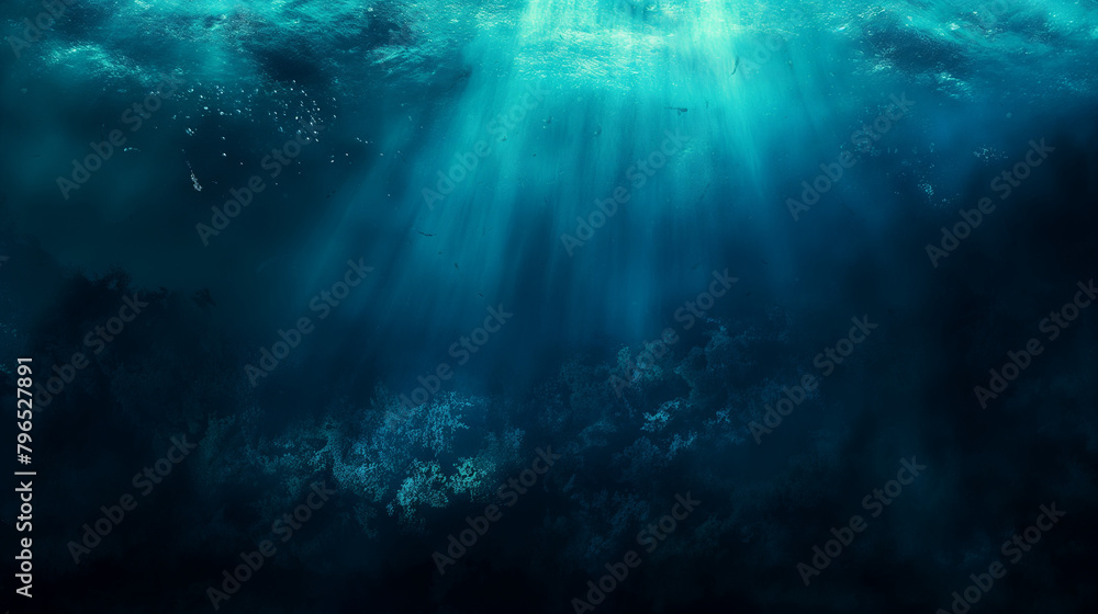 This is an image of the ocean floor. The water is dark blue and there are some bright spots, which are probably sunlight shining through the water. There are also some dark shapes, which are probably 