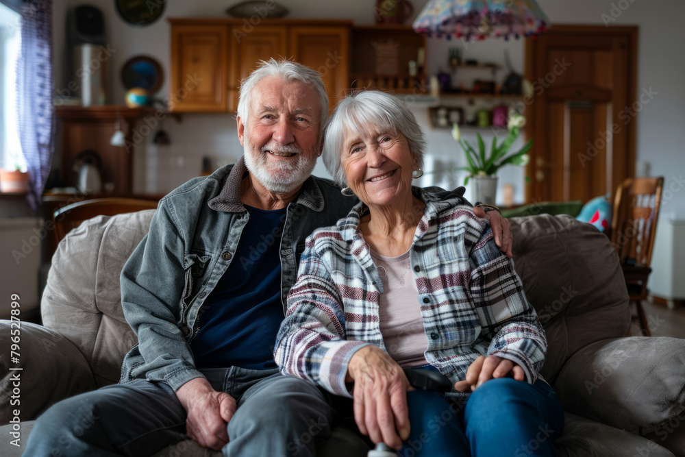 In the comfort of their home's living room, a smiling elderly couple, the wife and husband, sit on the sofa, the husband with a crutch. These retired individuals, both with gray hair In the comfort of their home's living room, a smiling elderly couple, the wife and husband, sit on the sofa, the husband with a crutch. These retired individuals, both with gray hair