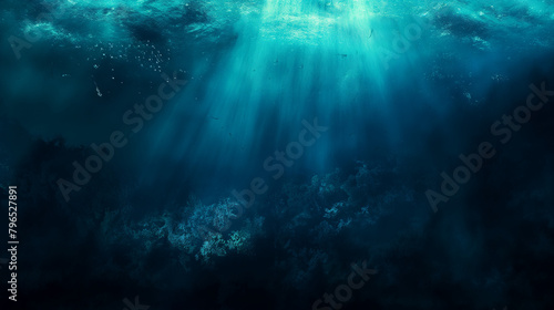 This is an image of the ocean floor. The water is dark blue and there are some bright spots  which are probably sunlight shining through the water. There are also some dark shapes  which are probably 