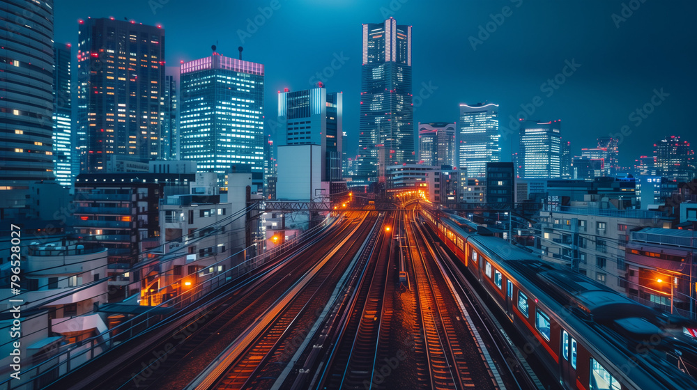 Fototapeta premium Electric passenger train drives at high speed among urban landscape. High speed train on the train station at sunset in Vienna, Austria. Beautiful red modern intercity passenger train on the railway. 