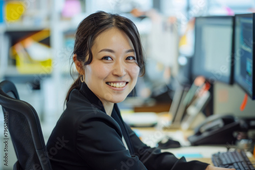 Japanese businesswoman smiling at the camera while working at her office desk.