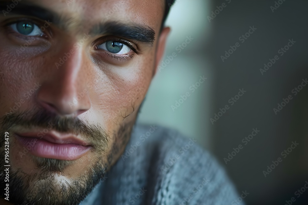 Focused on Detail: A Closeup of a Serious and Attractive Young Man. Concept Close-Up Portrait, Serious Expression, Handsome Model, Detailed Features, Young Man Focused on Detail: A Closeup of a Serious and Attractive Young Man. Concept Close-Up Portrait, Serious Expression, Handsome Model, Detailed Features, Young Man