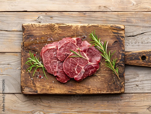 raw three beef steaks on a cutting board with spices on a wood background