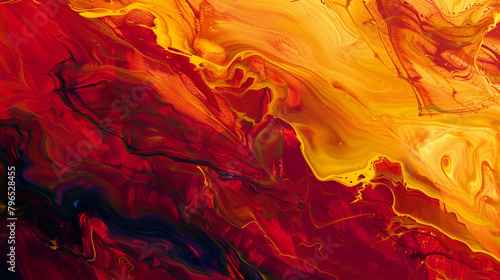 Layers of fiery crimson  goldenrod  and cobalt blending together in an intense abstract paint composition.