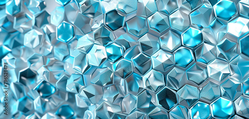 Abstract pattern of hexagonal molecules in blue and silver  evoking ice crystals.