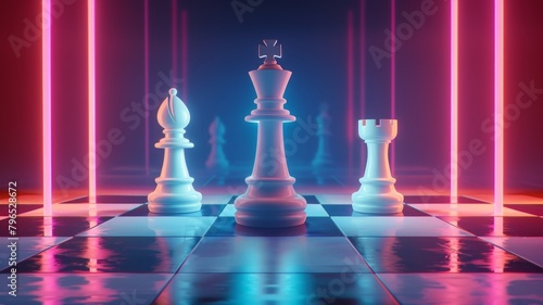 Chess pieces in neon light. Board game. A competitive concept. Trendy colors