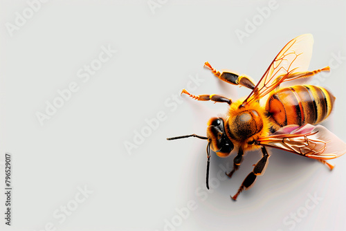 Macro image of a bee on a light background, free space for text