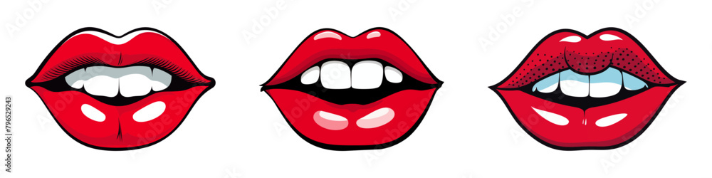 Close-up of multiple red lips with bright white teeth showing. Close-up of multiple red lips with bright white teeth showing.