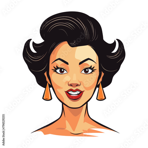 A woman with voluminous hair looks at the camera.