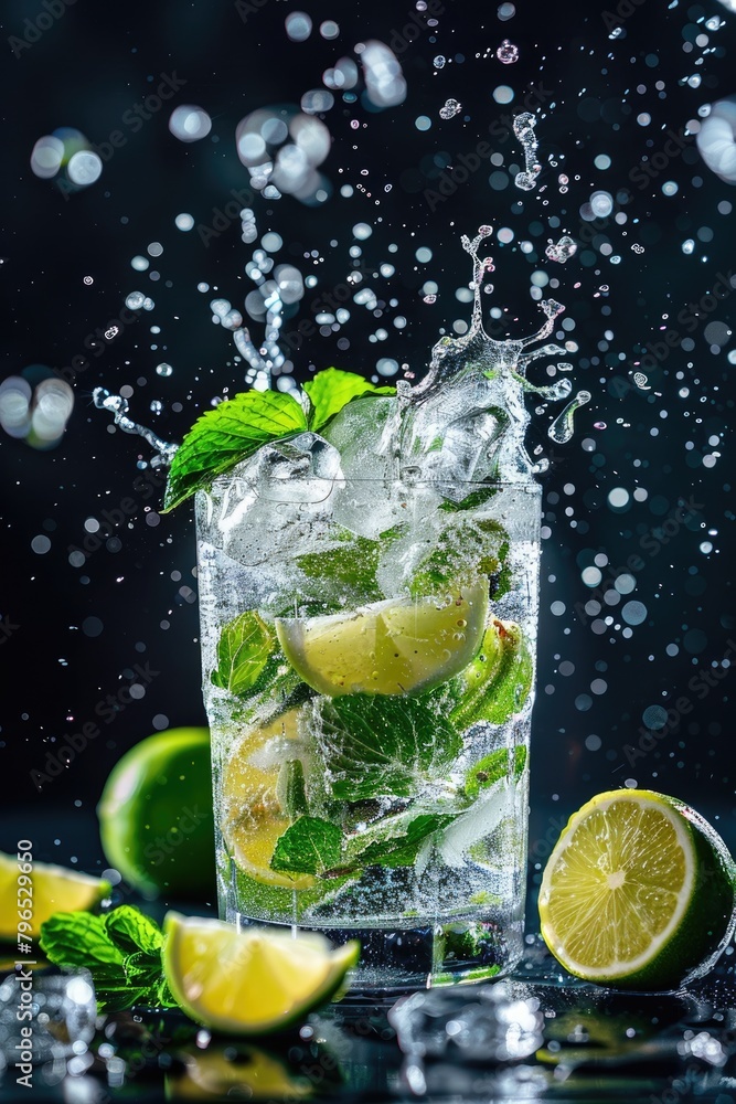 Refreshing Mojito Cocktail with Splashing Lime and Mint Refreshing Mojito Cocktail with Splashing Lime and Mint