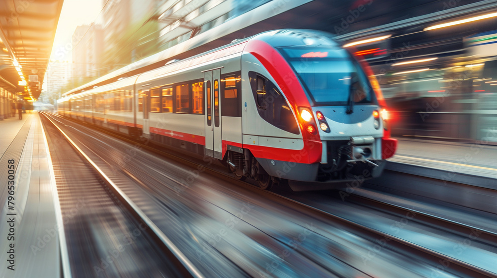 Fototapeta premium Electric passenger train drives at high speed among urban landscape. High speed train on the train station at sunset in Vienna, Austria. Beautiful red modern intercity passenger train on the railway. 